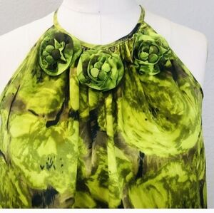 Kenar Halter Top Blouse 100% Silk Size M Medium Sleeveless Green Floral Flowers
